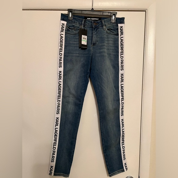 $100 Karl Lagerfeld Paris The Karl Blue Logo Tape Skinny Jeans Size 8 - Picture 2 of 16